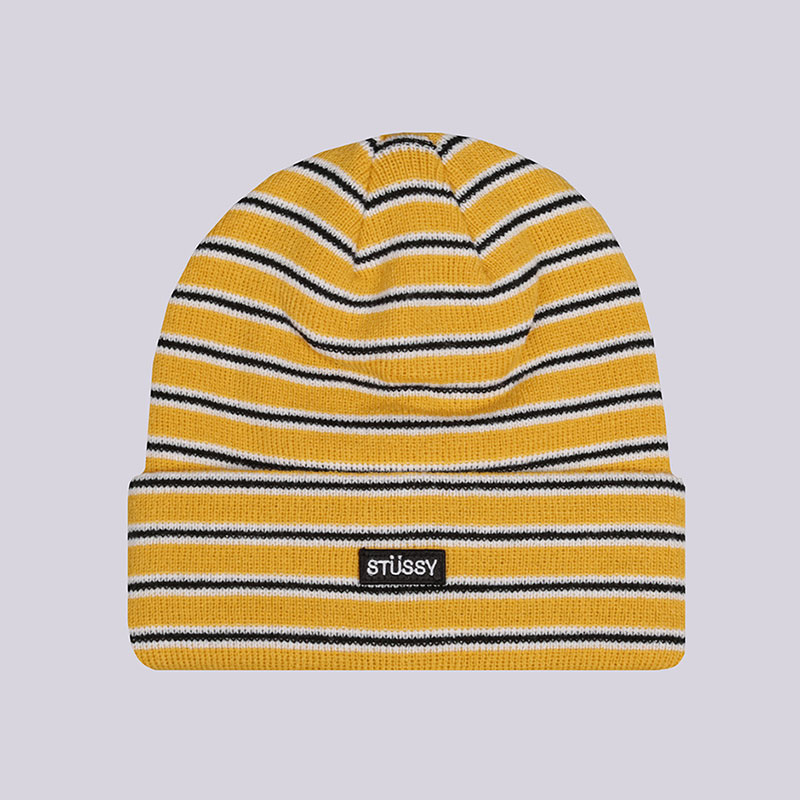  желтая шапка Stussy Striped FA18 Cuff Beanie 132897-yellow - цена, описание, фото 1